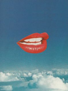 a woman's mouth floating in the air above clouds