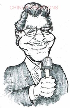 a caricature of a man holding a microphone in his right hand and smiling