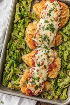 chicken parmesan and broccoli in a casserole dish