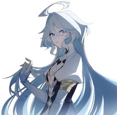 an anime character with long white hair and blue eyes, holding her hand out to the side