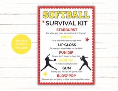 the softball survival kit includes instructions for throwing and catching baseballs, as well as an info sheet