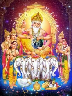 the hindu god sitting on top of an elephant surrounded by other people and animals in front of