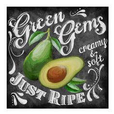 an avocado on a chalkboard with the words green gems, cream and soft