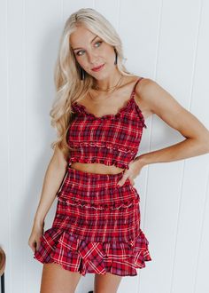 New Arrivals – Adorabelles Red Plaid Skirt, Red Plaid, Boho Shorts, Smocking, Chevy, New Arrivals, Two Piece Skirt Set