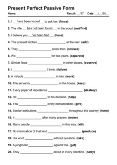 the present perfect passive form worksheet is shown in black and white, with words