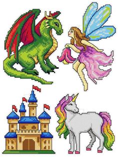 the cross stitch pattern shows different types of fairy and unicorns, each with their own colors