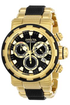 This beautiful Invicta Specialty watch contains a precise Quartz movement in addition to a gold case. Its face displays a black, metal dial protected by a highly resistant Flame Fusion Crystal. This timepiece is completed by a gold, black, stainless steel, polyurethane band and it offers water resistance of up to 100 m. Communicating time with ingenious innovation, the Invicta Specialty collection is the shining example of invention in motion. This collection captures the revelation of intuition in transcendent pieces that better depict the very nature of time. Acclaimed for unique designs, stellar movements and superior craftsmanship, Invicta Specialty inhabits the cusp of horology, where creative minds turn complications into challenges and make history one masterpiece at a time.From Inv Gold Watches With Tachymeter And Round Dial, Gold Watch Accessories With Tachymeter, Gold Chronograph Watch With Metal Dial, Luxury Gold Chronograph Watch With Analog Display, Mens Fashion Watches, Best Watches For Men, Invicta Watches, Luminous Colours, The Shining