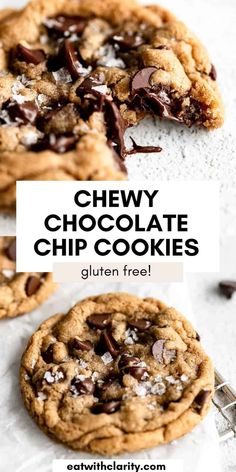 chewy chocolate chip cookies with text overlay that reads, chewy chocolate chip cookies gluten free