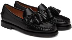 Handcrafted buffed leather loafers in black. · Almond moc toe · Tassels at vamp · Suede lining · Molded leather footbed · Stacked leather sole Part of the Outsides collection. Supplier color: Black Tassel Loafers, Leather Loafers, Luxury Streetwear, Tassels, Almond, Black Leather, Loafers, Women Wear, Perfect Clothing