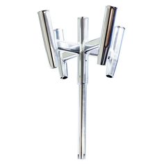 a metal pole with three lights attached to the top and two poles on each side