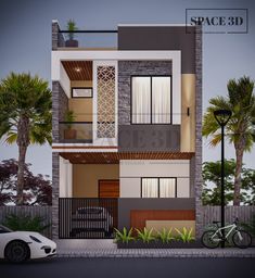 this is a 3d rendering of a modern style house in the city with palm trees