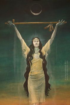 a painting of a woman with long hair holding a pole above her head and the moon in the background