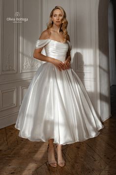 Off shoulders straight across neckline silky organza fabric midi lush skirt city hall wedding gown