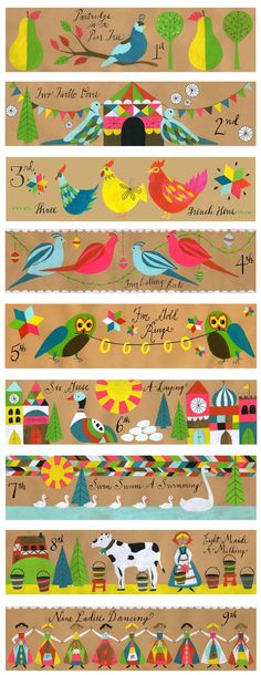 four different colored banners with birds and trees on them, one is for the children's room