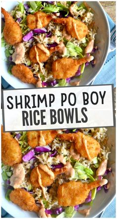 shrimp po boy rice bowls with lettuce, red cabbage and carrots on top