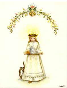 a drawing of a woman holding a tray with a cat on it