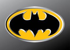 the batman symbol is shown in yellow and black on a gray background with silver trim