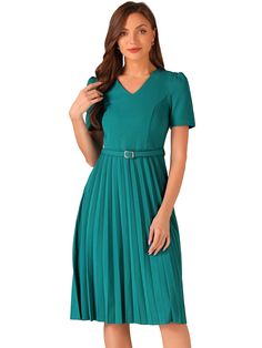 Shop Allegra K for v-neck short sleeve below knee belted a-line pleated dress you are looking for, get more women's dresses for yourelf. Order now! Free Returns! Midi Dress Blue, Pleated Midi Dress, Dress Blue, Pleated Dress, Women's Dresses, Order Now, Blue Green, A Line, Midi Dress