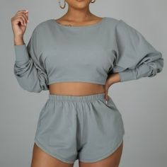 Two-Piece Shorts Set Long-Sleeve Top Round Neck Back Cut Out Pull String High Waist Shorts. Model Is Wearing A Small. Casual Long Sleeve Two-piece Tops, Two Piece Shorts, Distressed High Waisted Shorts, Two Piece Shorts Set, Mom Jeans Shorts, White Jean Shorts, Forever 21 Jeans, High Waist Shorts, Pink Jeans