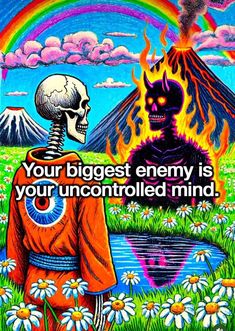 a skeleton standing in front of a rainbow with a quote on it that says, your biggest enemy is your uncontrolled mind