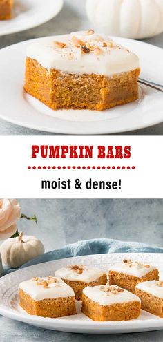 pumpkin bars with frosting on top and the words, moist & dense in front