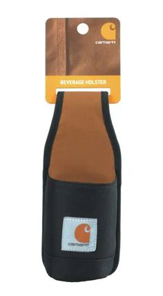 the caribet beverage holder in black and brown with an orange logo on it