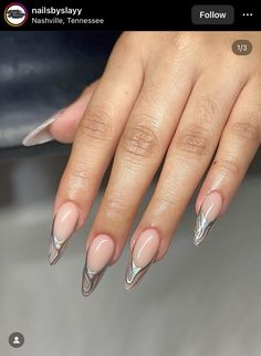 Almond Nails Chrome Designs, Metallic Nail Art Designs, Chrome Stiletto Nails Designs, Silver Oval Nails, Silver Almond Acrylic Nails, Gelly Nail Designs, Silver French Nails, Gel Chrome Nails, Fire Pattern