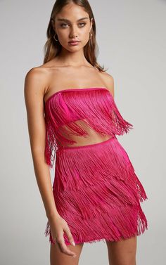 Siofra Two Piece Set - Fringe Crop Top and Mini Skirt Set in Hot Pink | Showpo USA Bandeau Skirt For Summer Parties, Spring Bandeau Party Skirt, Spring Party Bandeau Skirt, Spring Party Skirt, Fringe Mini Skirt For Night Out, Pink Fringe Mini Dress For Party, Flirty Crop Top For Party, Flirty Crop Top For Parties, Chic Party Mini Skirt With Tassels