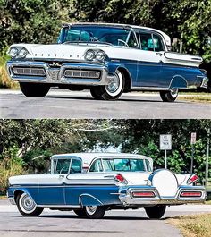 two pictures of an old car in different colors