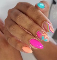 Tropical Holiday Nails Summer, June Nail Designs 2024, Vibrant Nails Summer 2024, June Summer Nails, Cute Summer Nails 2024 Simple, June 2024 Nails, Tropical Nail Designs Beach Vacations, Bright Color Nail Designs