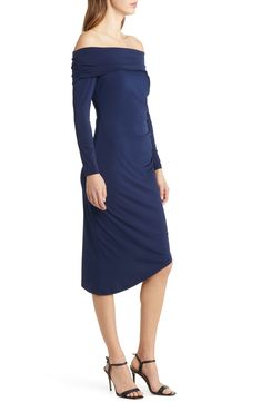 Rippled ruching shapes this body-con designed in a shoulder-baring silhouette with a sleek asymmetric hem. 34 1/2" to 42" length (size 8) One-shoulder neck Long sleeves Partially lined 95% polyester, 5% spandex Dry clean Imported Fitted Off-shoulder Midi Dress, One Shoulder Ruched Midi Dress In Elastane, One-shoulder Ruched Midi Dress, One-shoulder Ruched Elastane Midi Dress, Asymmetrical Hem Midi Dress In Elastane, Ruched Bodycon Dress With Asymmetrical Hem, Asymmetrical Hem Elastane Midi Dress, Bodycon Ruched Midi Dress With Asymmetrical Hem, Knee-length Ruched Asymmetrical Fitted Dress