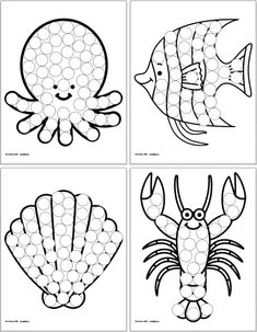 four coloring pages with different types of sea animals