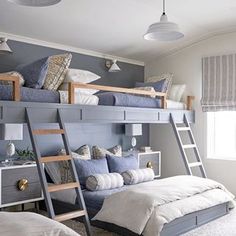 a bedroom with bunk beds and blue walls