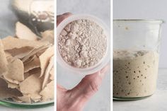 three pictures showing different stages of making tortilla chips in a jar and then being put into a glass container