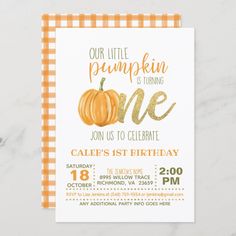 this is an image of a pumpkin 1st birthday party card with the words our little pumpkin is turning one on it