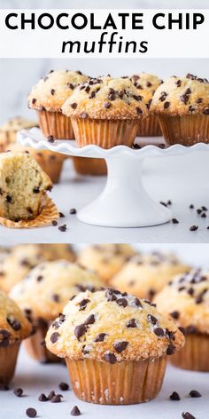 chocolate chip muffins on a white cake plate