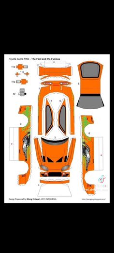 an orange car paper model is shown with the cut out and instructions to make it