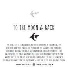 the back cover of to the moon and back, with two birds flying in the sky