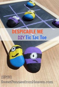 some rocks with faces painted on them and the words despicable me diy tic tac toe