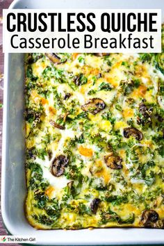 Vegetable egg casserole in white baking dish. Title: Crustless quiche casserole breakfast Easy Crustless Quiche, No Crust Quiche, Breakfasts On The Go, Crustless Quiche Recipe, Ham Broccoli, Easy Breakfasts, Make Ahead Breakfast Casserole, Breakfast Quiche, Quiche Recipe