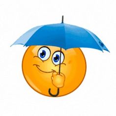 an emoticive yellow smiley face with blue umbrella