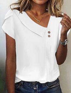 Women's Shirt Blouse White Blue Purple Plain Short Sleeve Casual Basic V Neck Regular Fit 2023 - US $18.99 Womens Basic Tops, Plain Shorts, Plain Blouse, V Neck Tank Top, Vestido Casual, Black White Pink, Women Shirts Blouse, Online Tops, Tankini Top