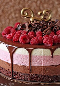 a cake with raspberries and chocolate on top