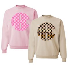 Monogrammed 'Checkerboard' Big Print Crewneck Sweatshirt – United Monograms Summer Monogram, United Monograms, Long Sleeve Baseball Tee, Matching Sets Outfit, Sweat Set, Top Makeup Products, Long Sleeve Kids, Comfort Colors Sweatshirt, Fall Denim