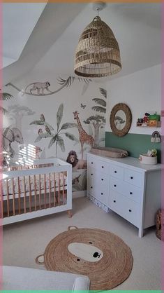 a baby's room with a crib, dresser and bed