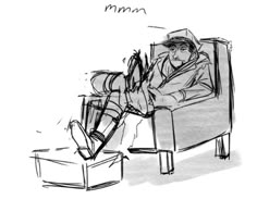 a drawing of a man sitting in a chair with his feet up on a coffee table