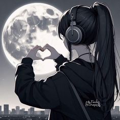 a girl with headphones is standing in front of the moon and making a heart shape