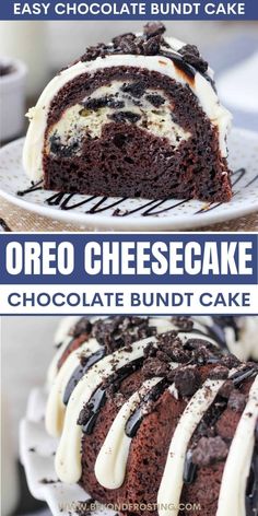 chocolate oreo cheesecake bundt cake with white frosting