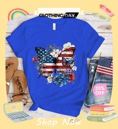 Women Basic American Independence Day Star Stripe Flag Butterfly Printed Round Neck Short-sleeved T-shirt Spring Crew Neck T-shirt With Star Print, Blue T-shirt With American Flag Print For Spring, Spring American Flag Short Sleeve T-shirt, Spring Crew Neck T-shirt With American Flag Print, Casual Independence Day T-shirt With Star Print, Patriotic Star Print Short Sleeve T-shirt, Patriotic Short Sleeve T-shirt With Star Print, Patriotic Crew Neck T-shirt For Spring, Patriotic American Flag T-shirt For Spring