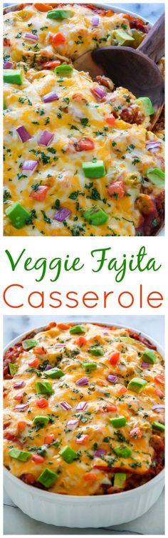 vegetable fajita casserole is shown in three different pictures, including the top and bottom